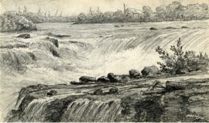 This is an illustration of Chaudière Falls before it was dammed in the 1800’s.